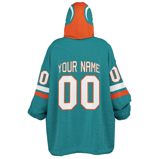Aqua, orange, and white classic snug hoodie featuring authentic jersey striping and personalized number details.