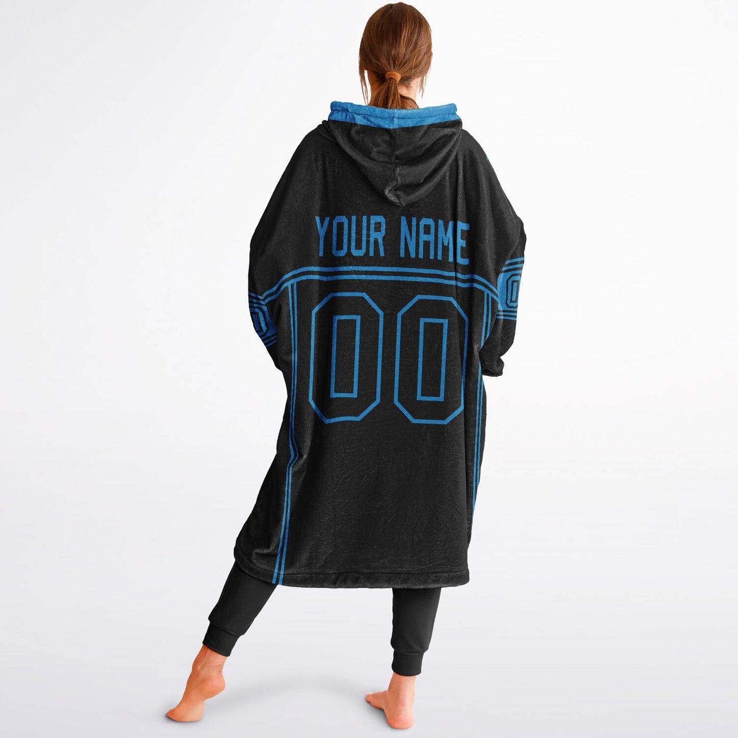 Black and blue lineup snug hoodie featuring sleek line-art details and minimalist team-inspired design.