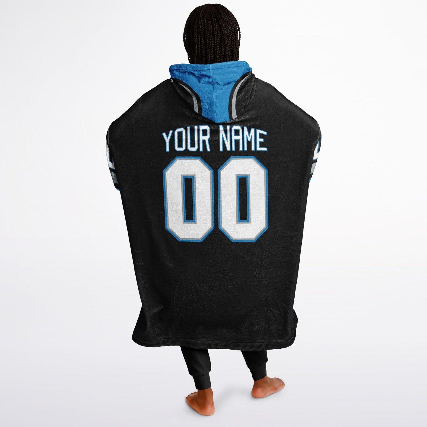 Black, blue, and silver classic snug hoodie featuring authentic jersey striping and personalized number details.