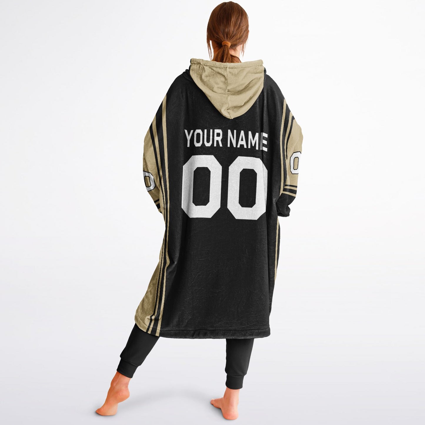 Black and old gold bold snug hoodie with modern color-block design and soft loungewear fit.