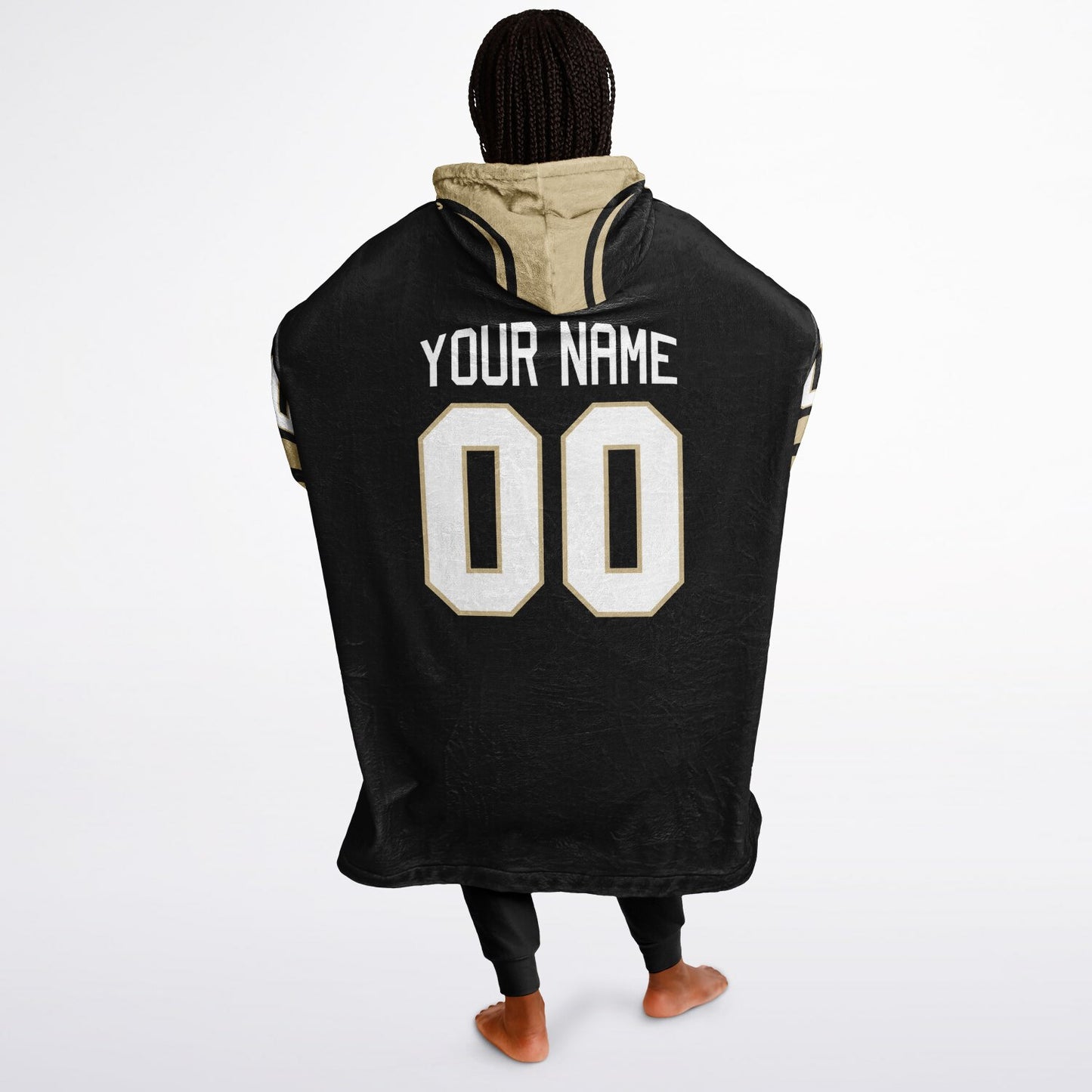 Black and old gold classic snug hoodie featuring jersey-style stripes and personalized name and number.