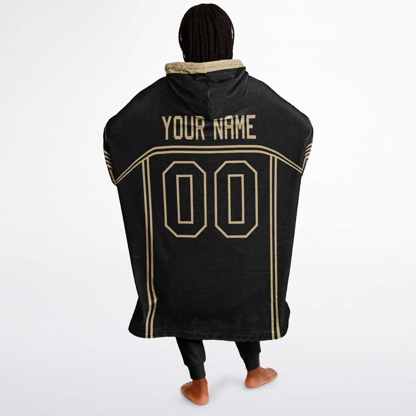 Black and old gold lineup snug hoodie featuring sleek line-art details and minimalist team-inspired design.