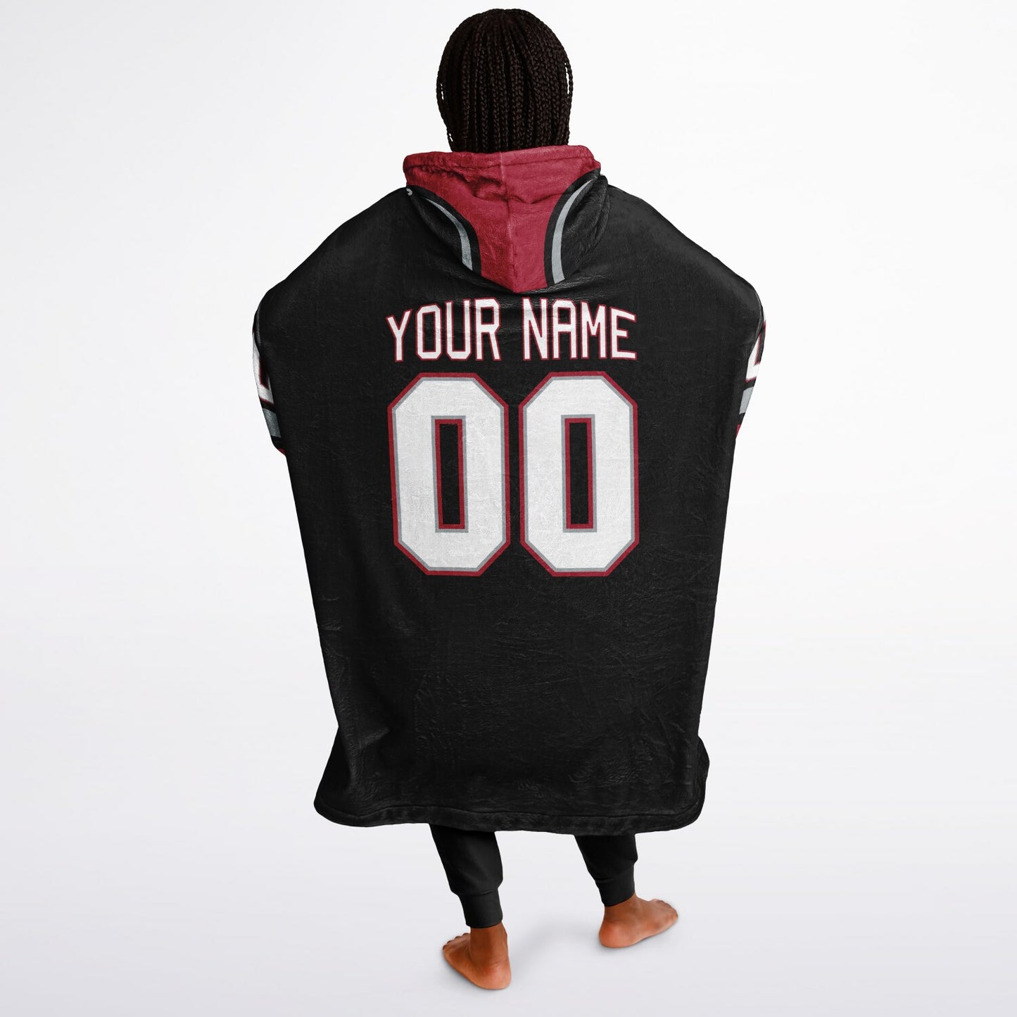 Black, red, and silver classic snug hoodie featuring authentic jersey striping and personalized number details.
