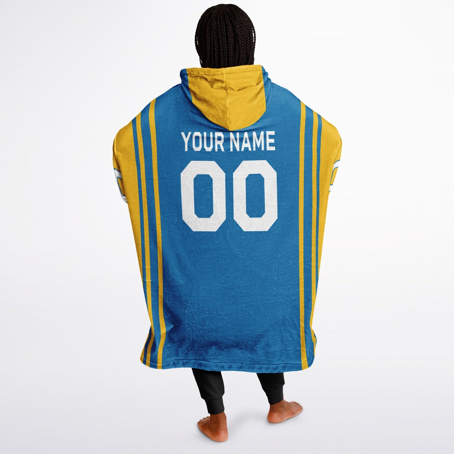 Blue and gold bold snug hoodie with modern color-block design and soft loungewear fit.