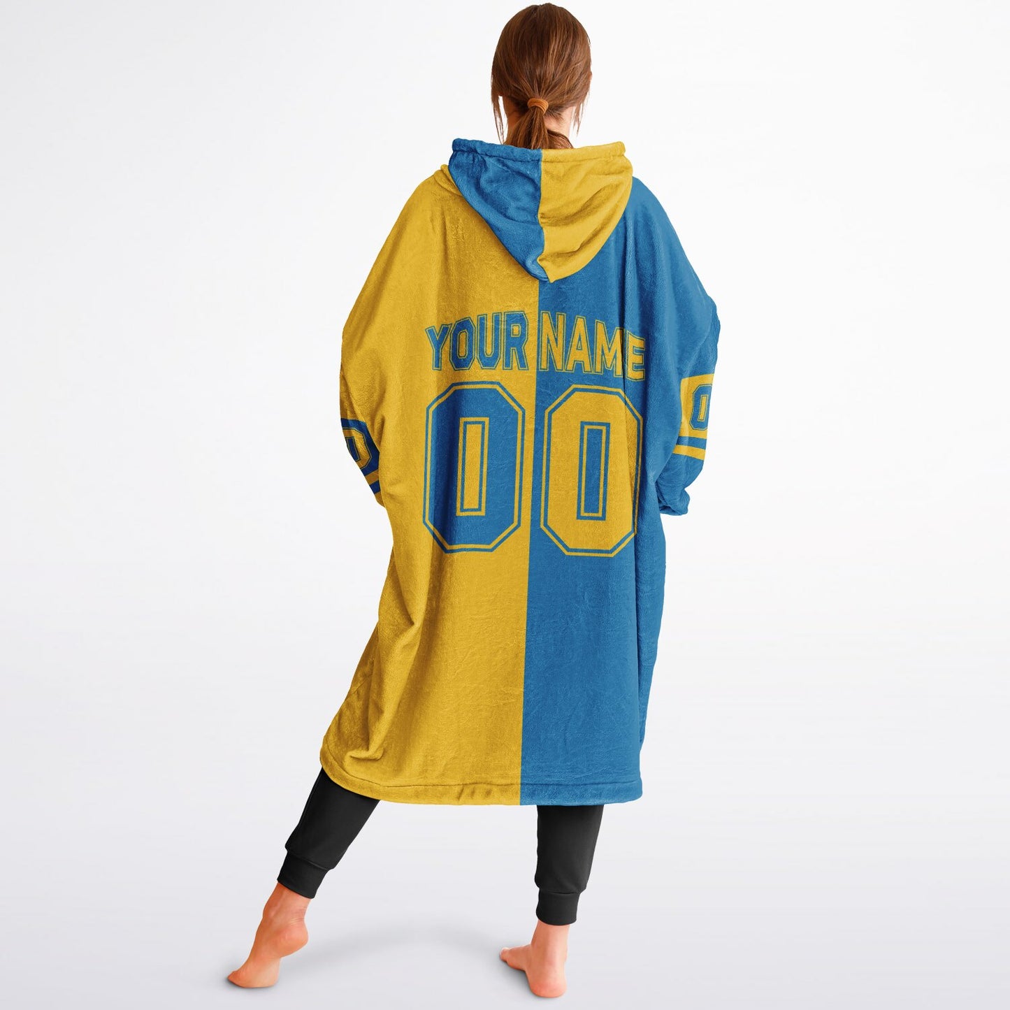 Blue and gold halftime snug hoodie featuring a symmetrical split design for a dynamic game-day look.