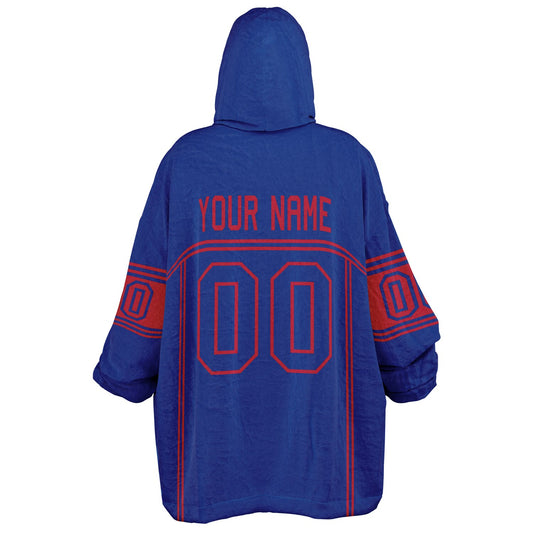 Blue and red lineup snug hoodie featuring sleek line-art details and minimalist team-inspired design.