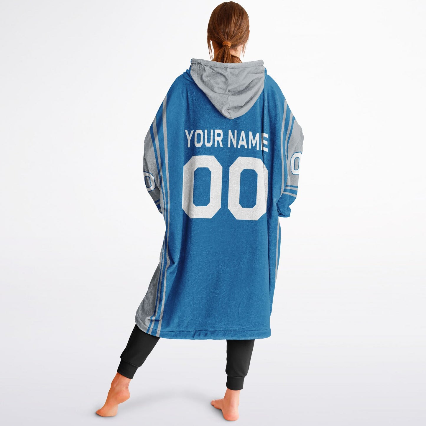 Blue and silver bold snug hoodie with modern color-block design and soft loungewear fit.