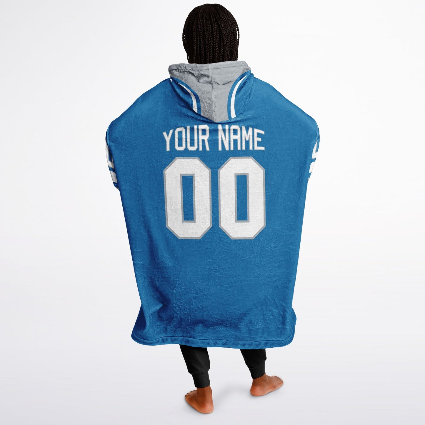 Blue, silver, and white classic snug hoodie featuring authentic jersey striping and personalized number details.