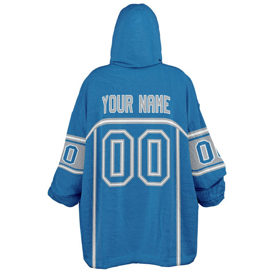 Blue, silver, and white lineup snug hoodie with clean line work and subtle jersey influence.