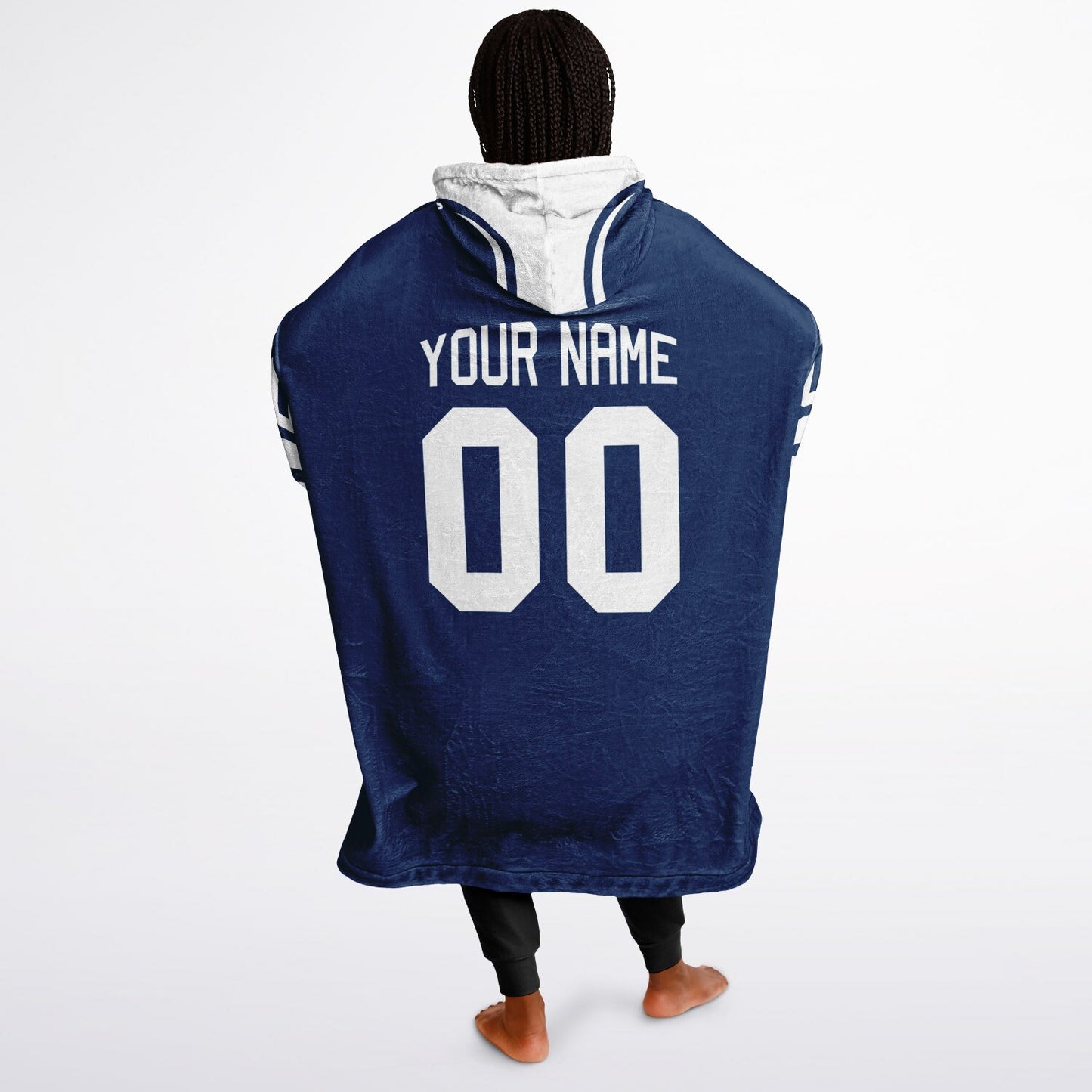 Blue and white classic snug hoodie featuring jersey-style stripes and personalized name and number.