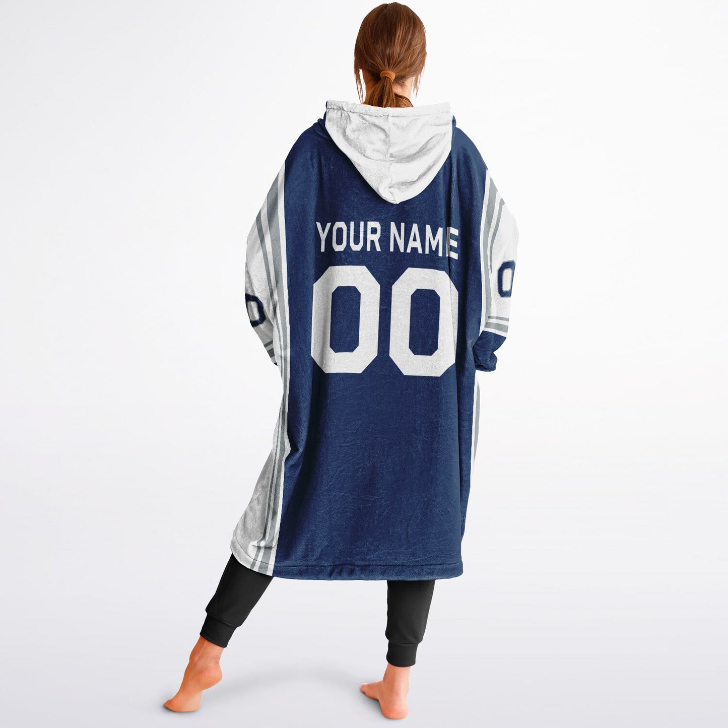 Blue, white, and gray bold snug hoodie with triple color blocking and a sporty aesthetic.