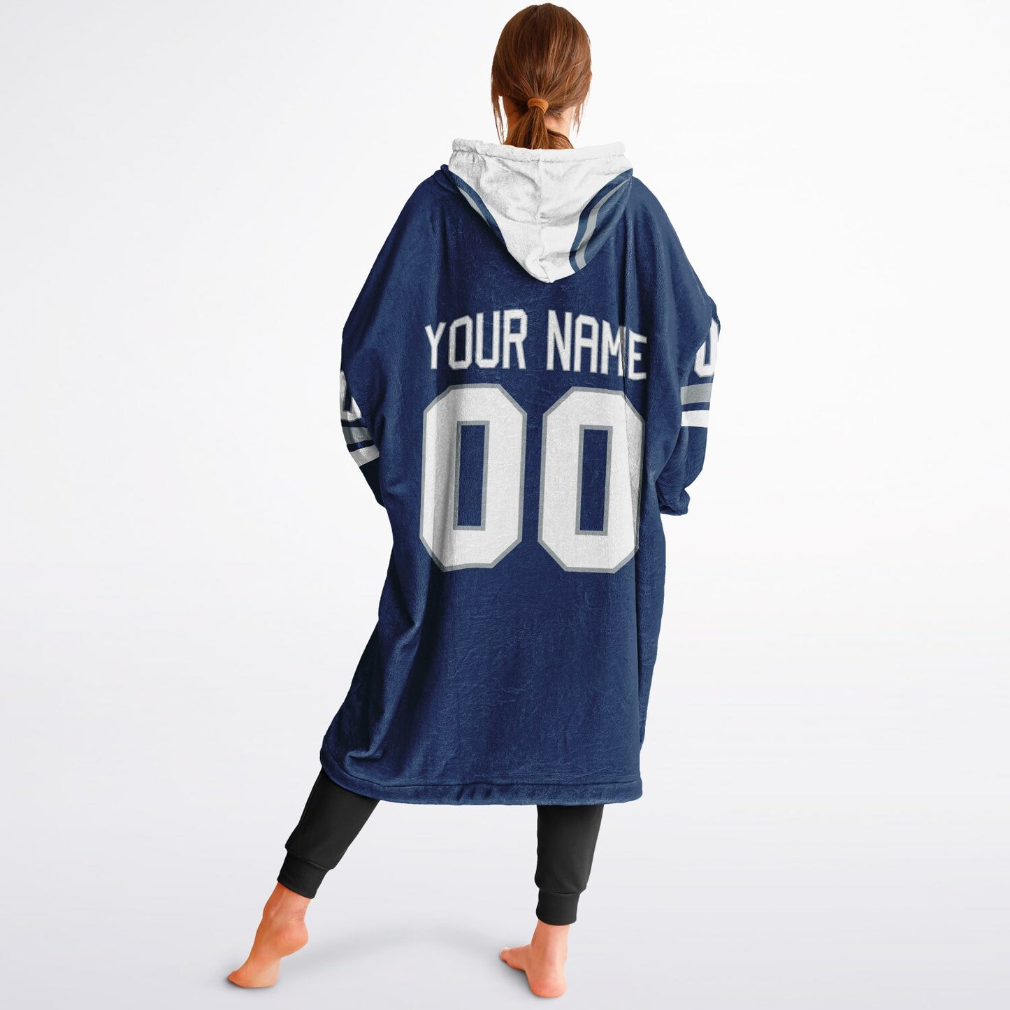 Blue, white, and gray classic snug hoodie featuring authentic jersey striping and personalized number details.