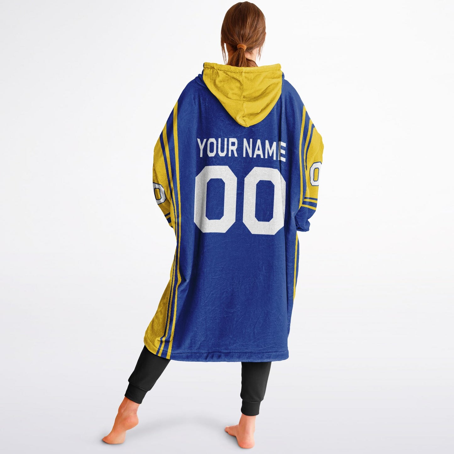 Blue and yellow bold snug hoodie with modern color-block design and soft loungewear fit.