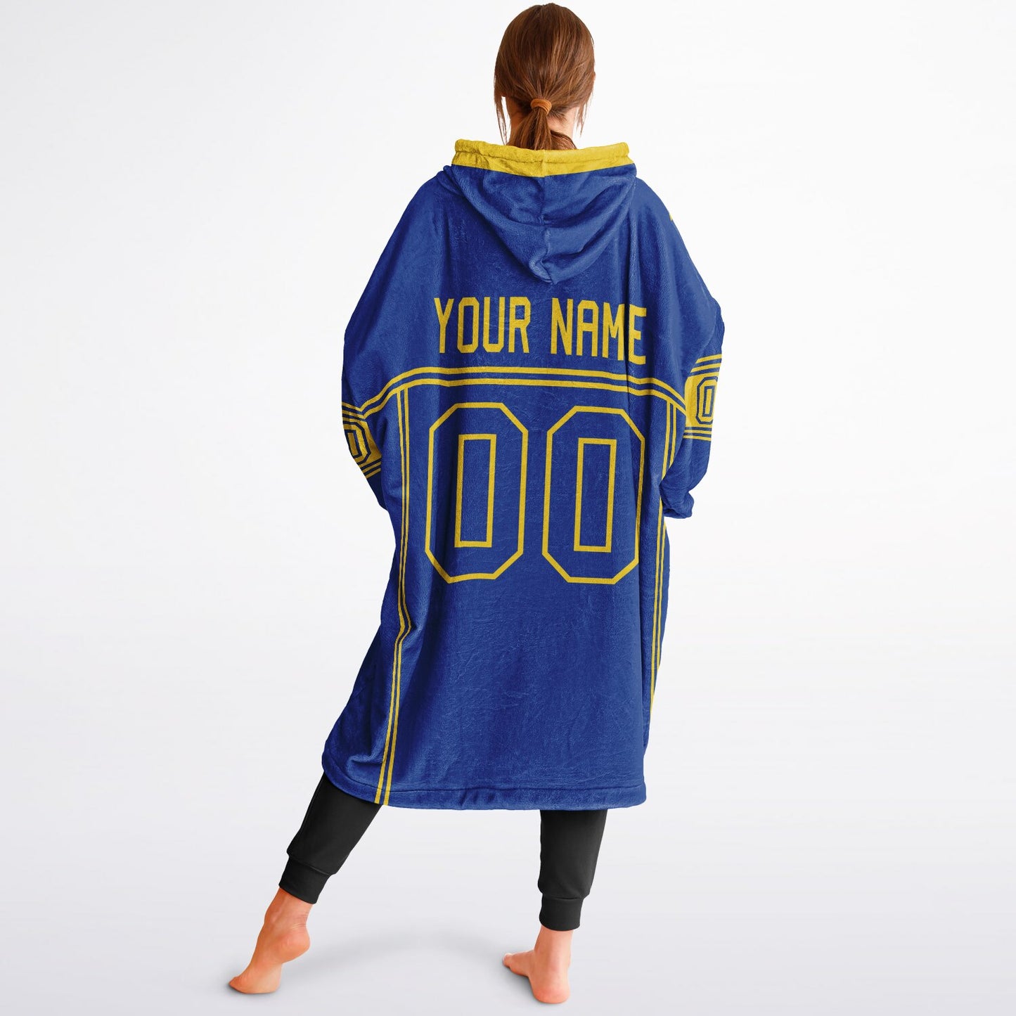 Blue and yellow lineup snug hoodie featuring sleek line-art details and minimalist team-inspired design.