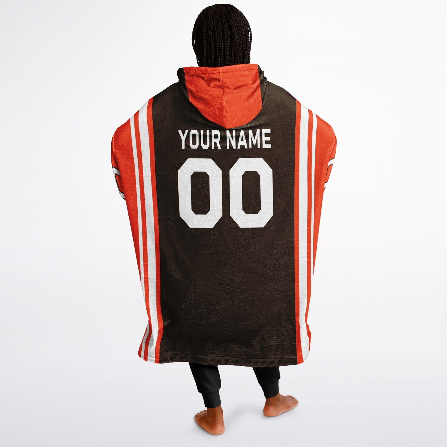 Brown, orange, and white bold snug hoodie with triple color blocking and a sporty aesthetic.