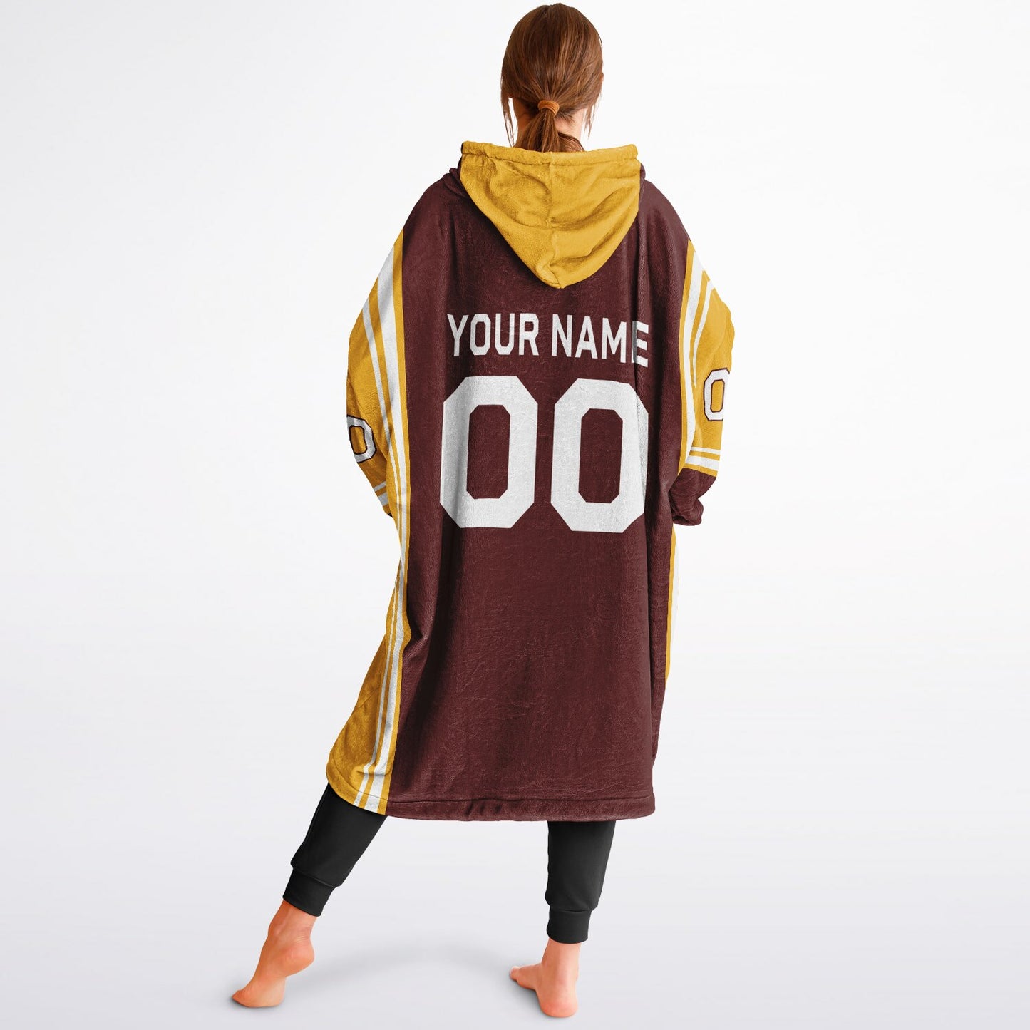 Burgundy, gold, and white bold snug hoodie with triple color blocking and a sporty aesthetic.