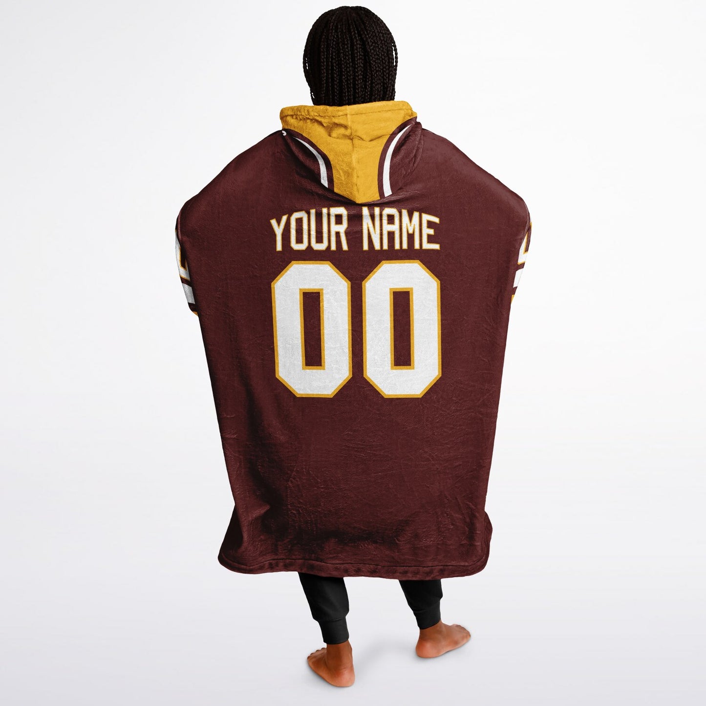 Burgundy, gold, and white classic snug hoodie featuring authentic jersey striping and personalized number details.