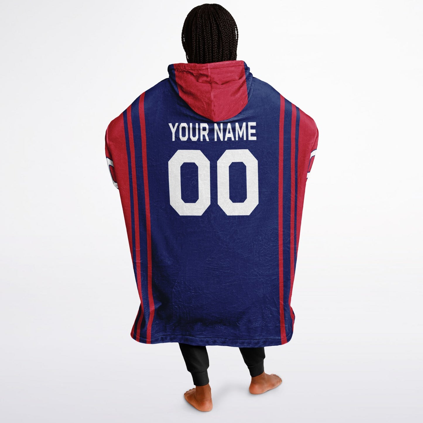 Dark blue and red bold snug hoodie with modern color-block design and soft loungewear fit.