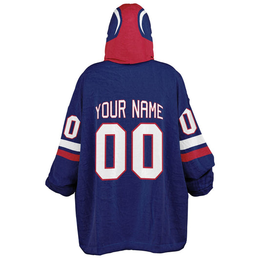 Dark blue, red, and white classic snug hoodie featuring authentic jersey striping and personalized number details.