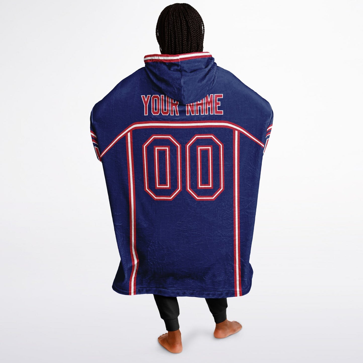 Dark blue, red, and white lineup snug hoodie with clean line work and subtle jersey influence.