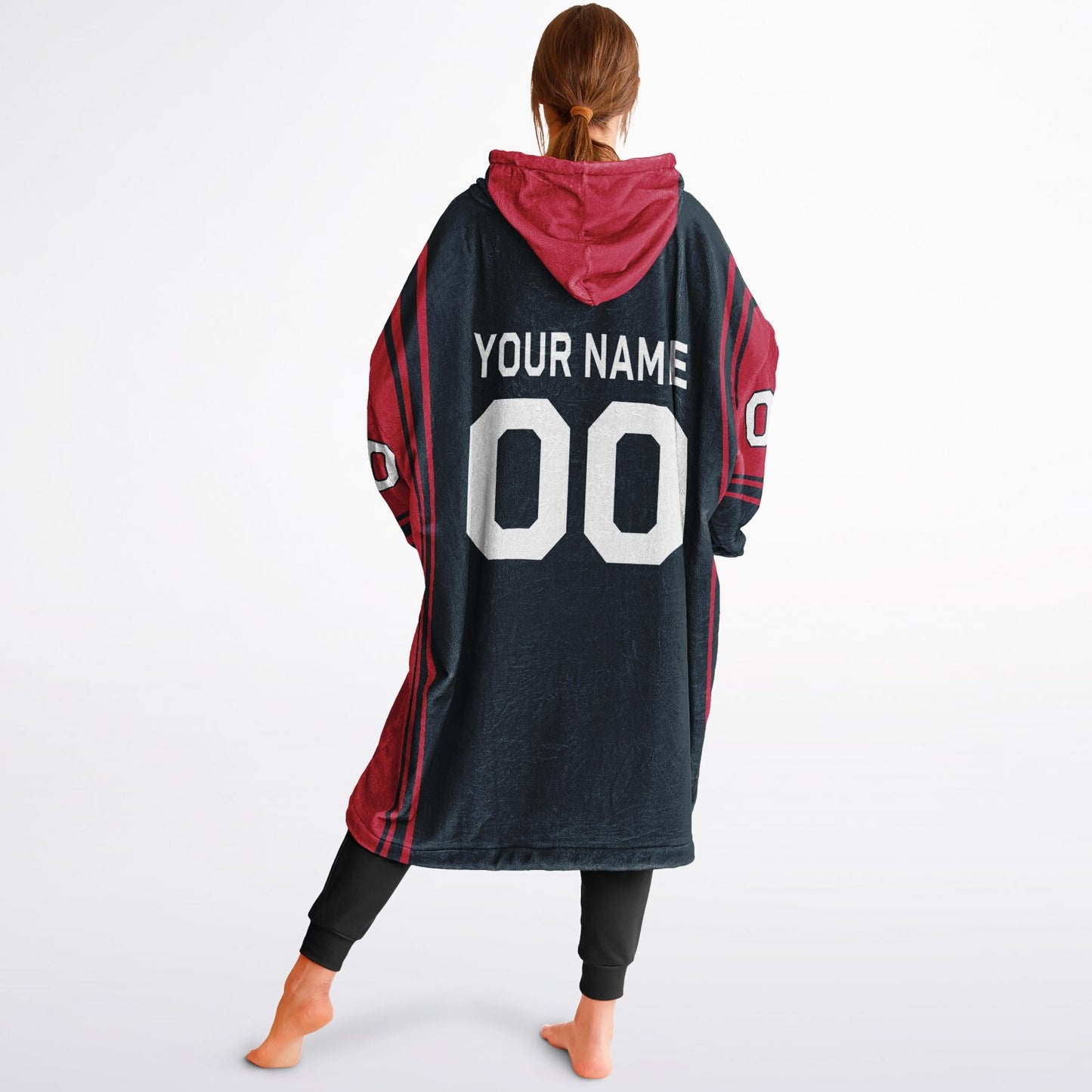 Deep steel blue and red bold snug hoodie with modern color-block design and soft loungewear fit.