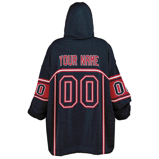 Deep steel blue, red, and white lineup snug hoodie with clean line work and subtle jersey influence.