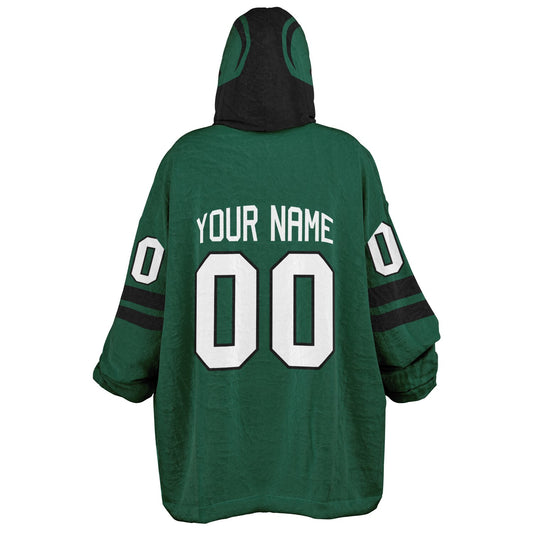 Green and black classic snug hoodie featuring jersey-style stripes and personalized name and number.