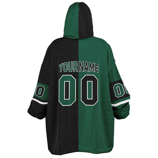 Green, black, and white halftime snug hoodie with three-tone split design and cozy fleece texture.