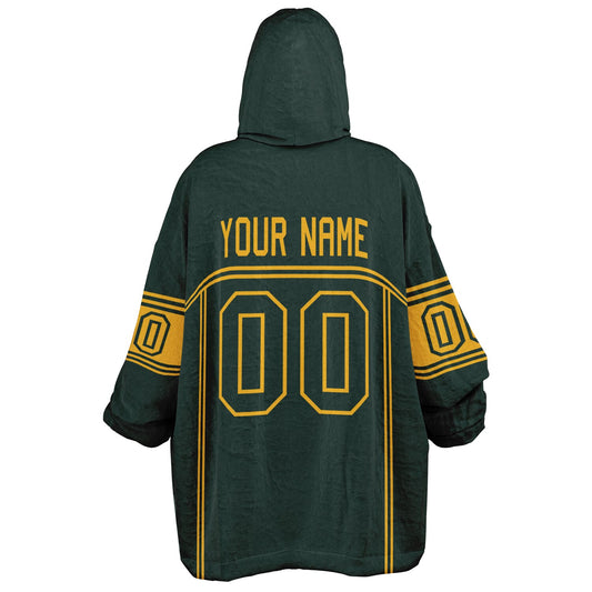 Green and gold lineup snug hoodie featuring sleek line-art details and minimalist team-inspired design.