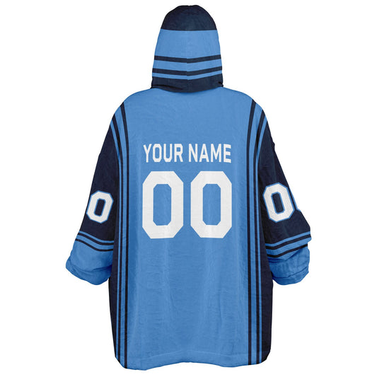 Light blue and navy bold snug hoodie with modern color-block design and soft loungewear fit.