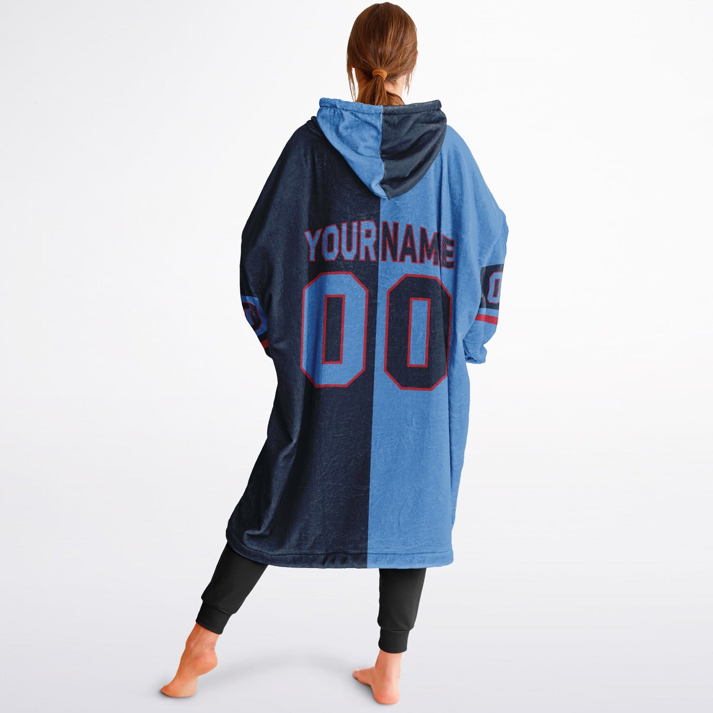 Light blue, navy, and red halftime snug hoodie with three-tone split design and cozy fleece texture.