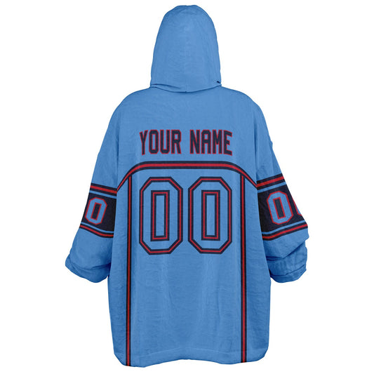 Light blue, navy, and red lineup snug hoodie with clean line work and subtle jersey influence.
