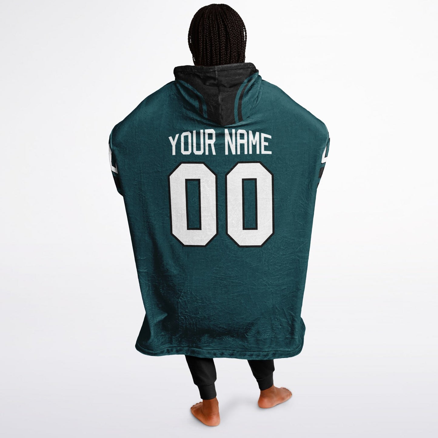 Midnight green and black classic snug hoodie featuring jersey-style stripes and personalized name and number.