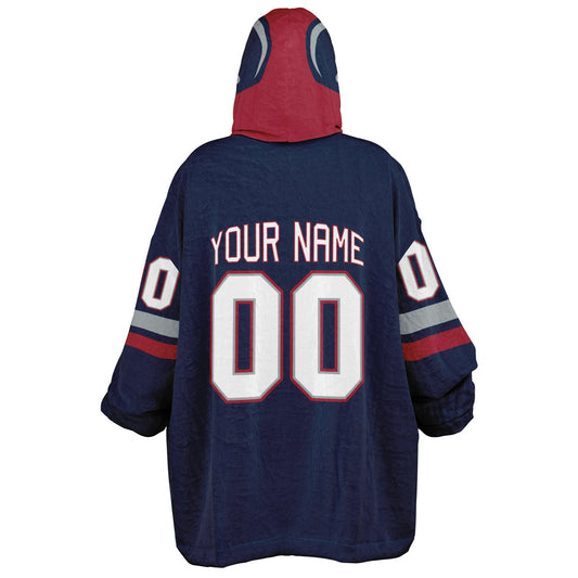 Nautical blue, red, and silver classic snug hoodie featuring authentic jersey striping and personalized number details.