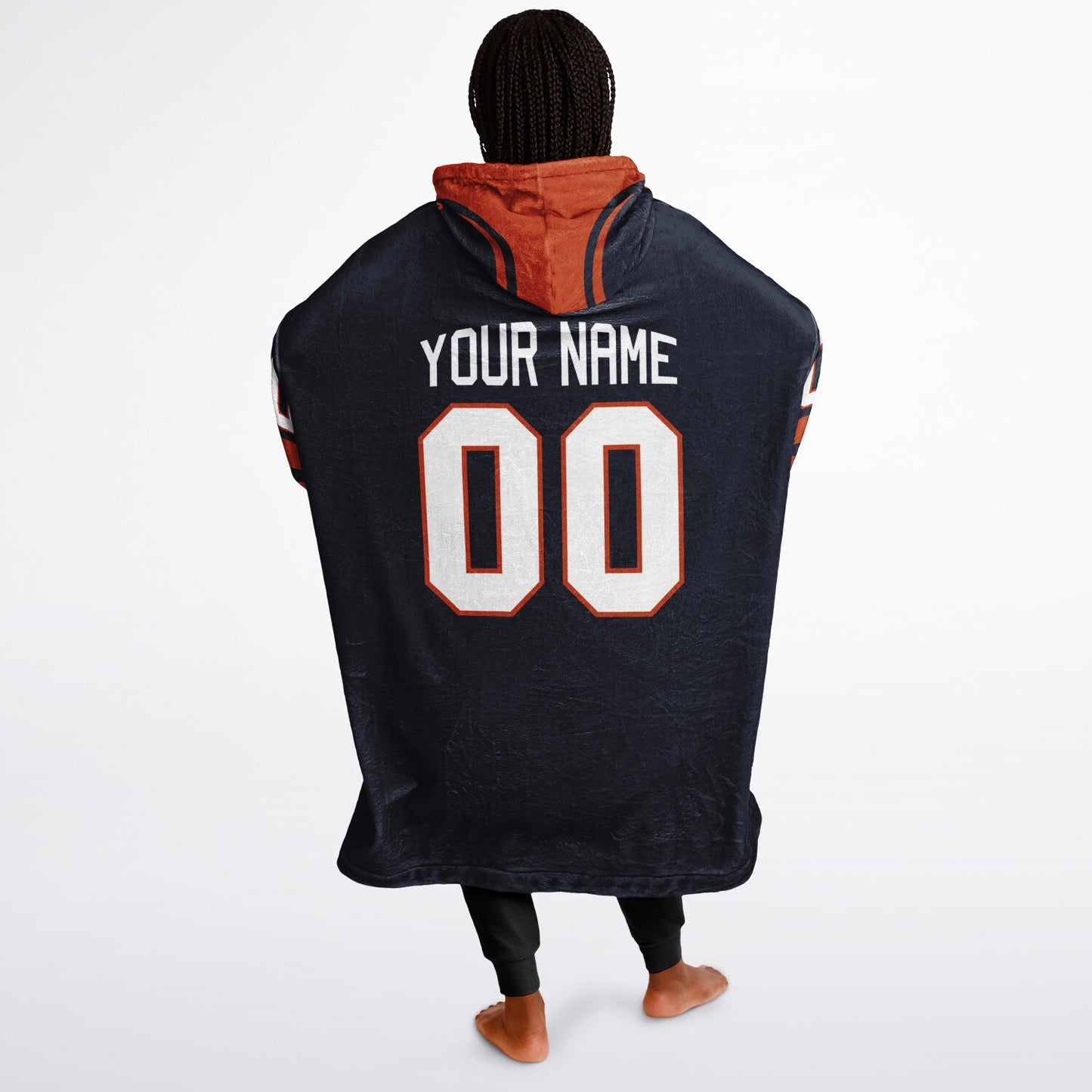 Navy orange classic snug hoodie featuring jersey-style stripes and personalized name and number.