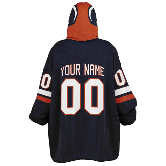 Navy, orange, and white classic snug hoodie featuring authentic jersey striping and personalized number details.