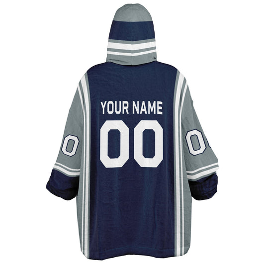 Navy, silver, and white bold snug hoodie with triple color blocking and a sporty aesthetic.