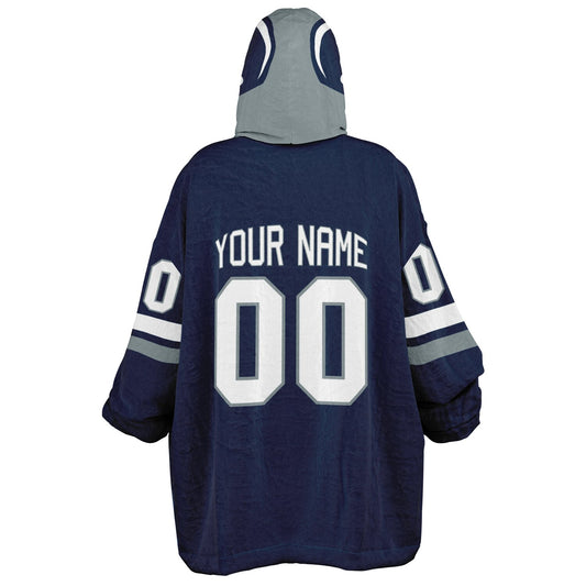 Navy, silver, and white classic snug hoodie featuring authentic jersey striping and personalized number details.