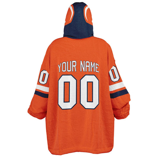 Orange, navy, and white classic snug hoodie featuring authentic jersey striping and personalized number details.
