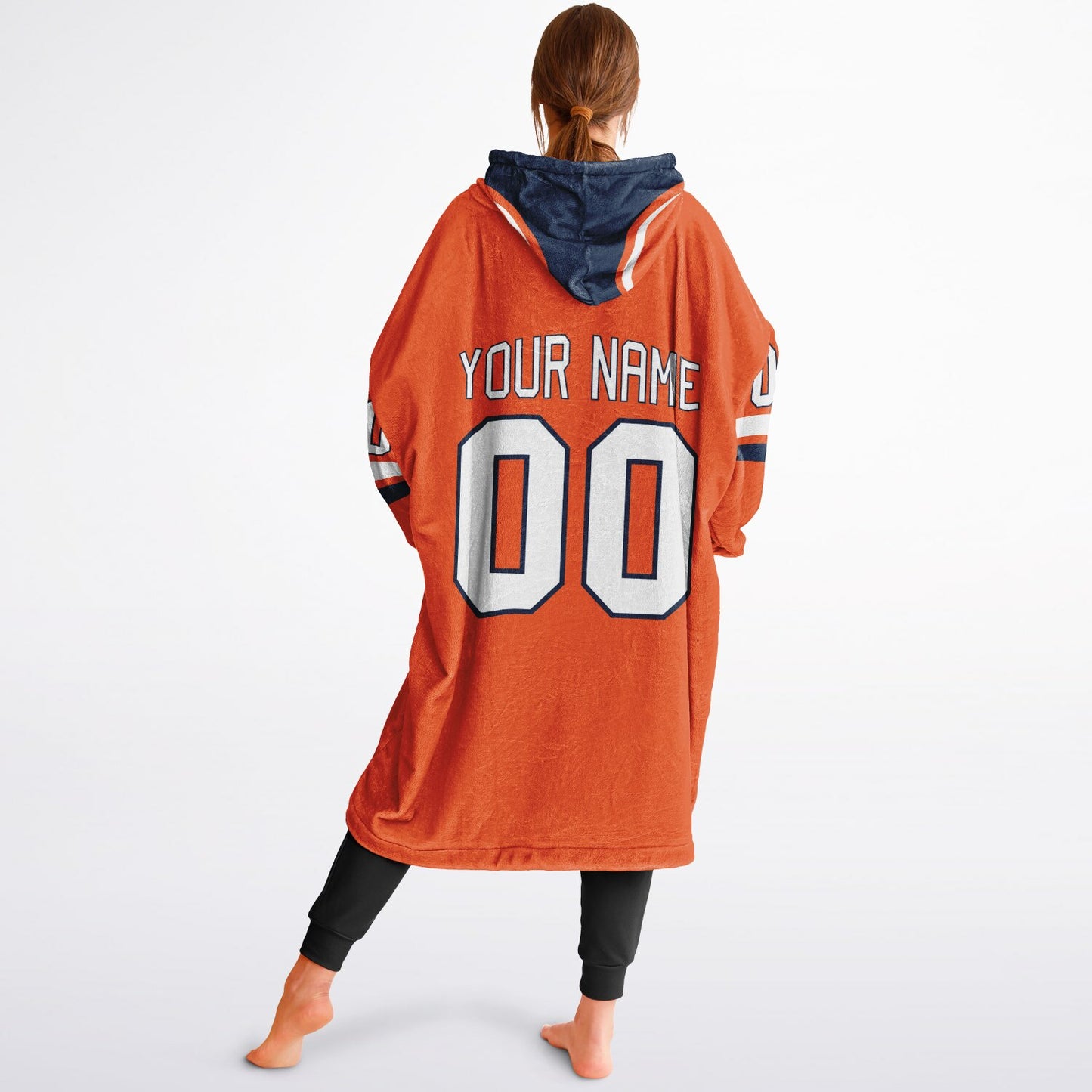 Orange, navy, and white classic snug hoodie featuring authentic jersey striping and personalized number details.