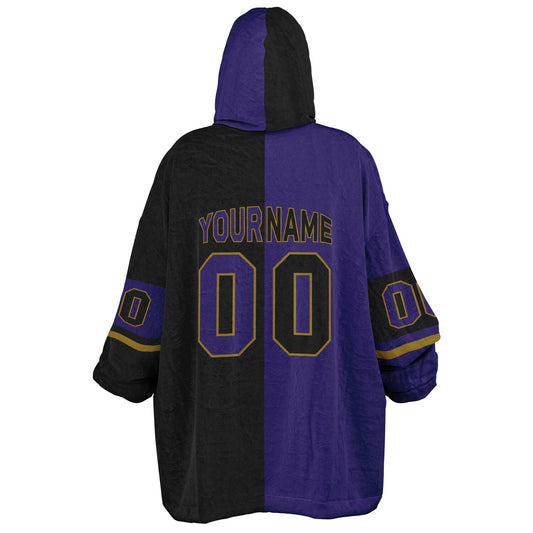 Purple, black, and metallic gold halftime snug hoodie with three-tone split design and cozy fleece texture.