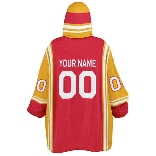 Red, gold, and white bold snug hoodie with triple color blocking and a sporty aesthetic.