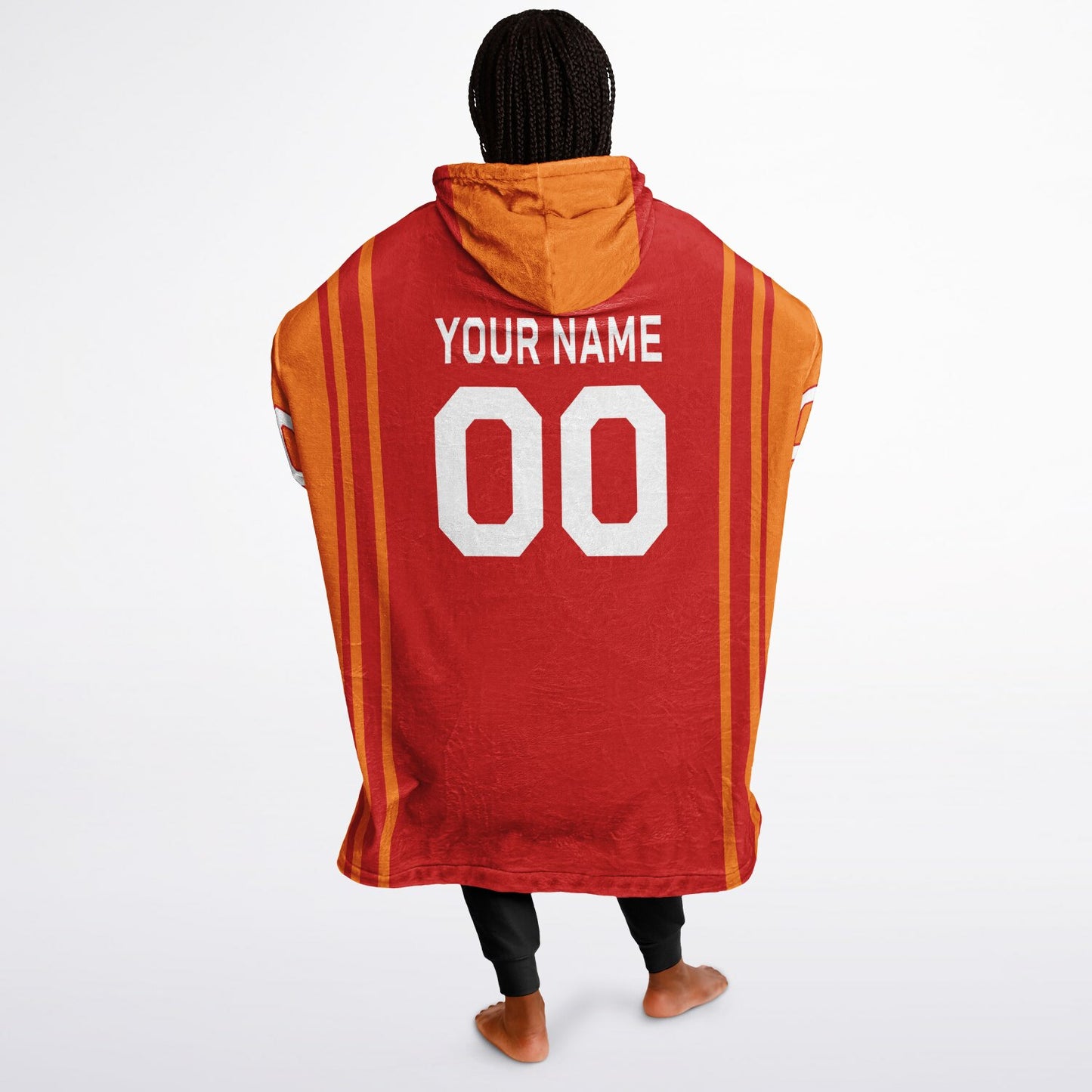 Red and orange bold snug hoodie with modern color-block design and soft loungewear fit.