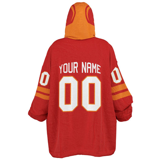 Red and orange classic snug hoodie featuring jersey-style stripes and personalized name and number.