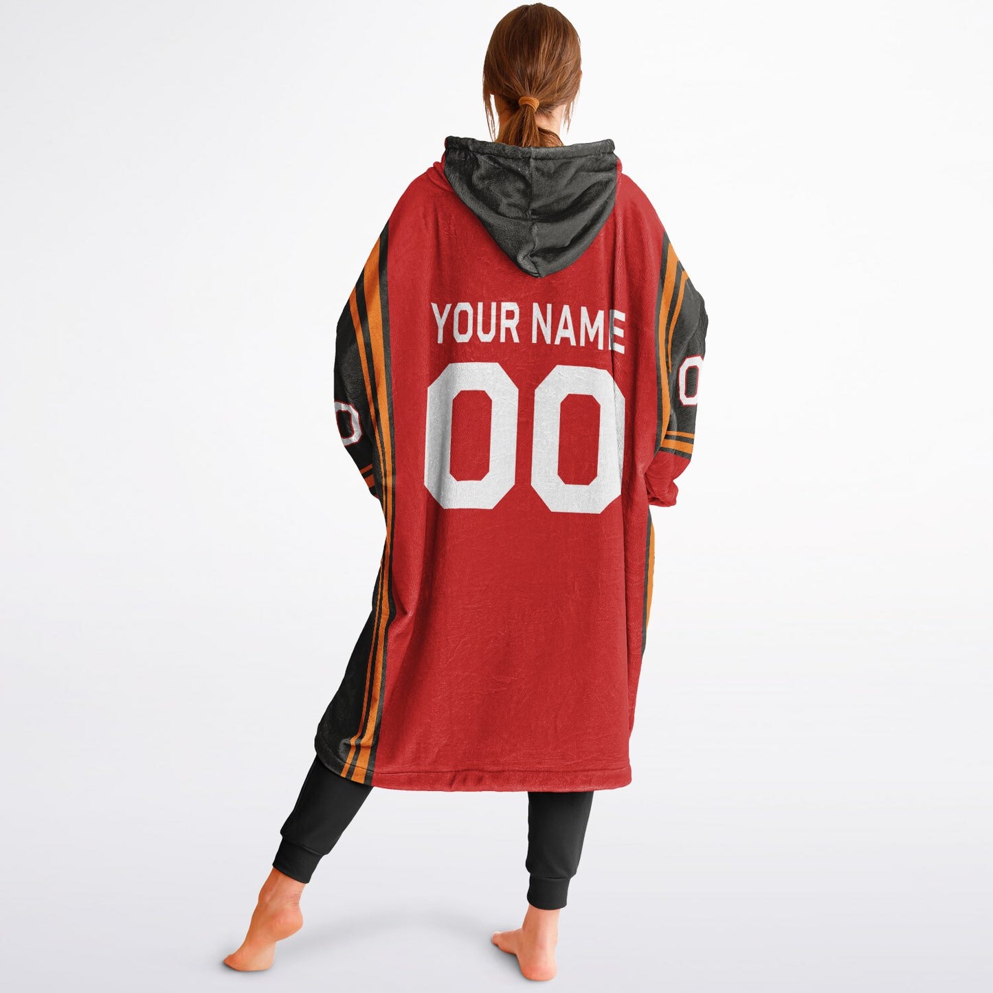 Red, pewter, and orange bold snug hoodie with triple color blocking and a sporty aesthetic.