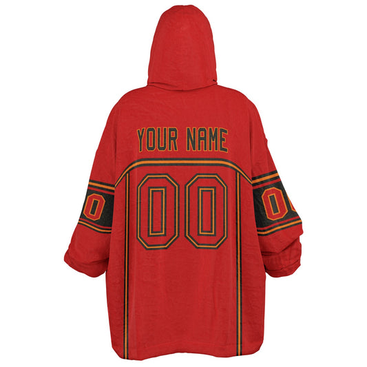 Red, pewter, and orange lineup snug hoodie with clean line work and subtle jersey influence.