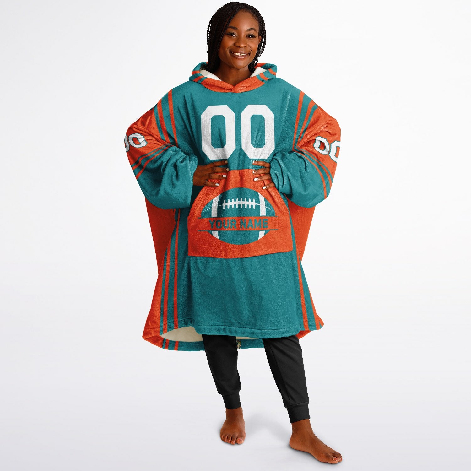 Aqua and orange bold snug hoodie with modern color-block design and soft loungewear fit.