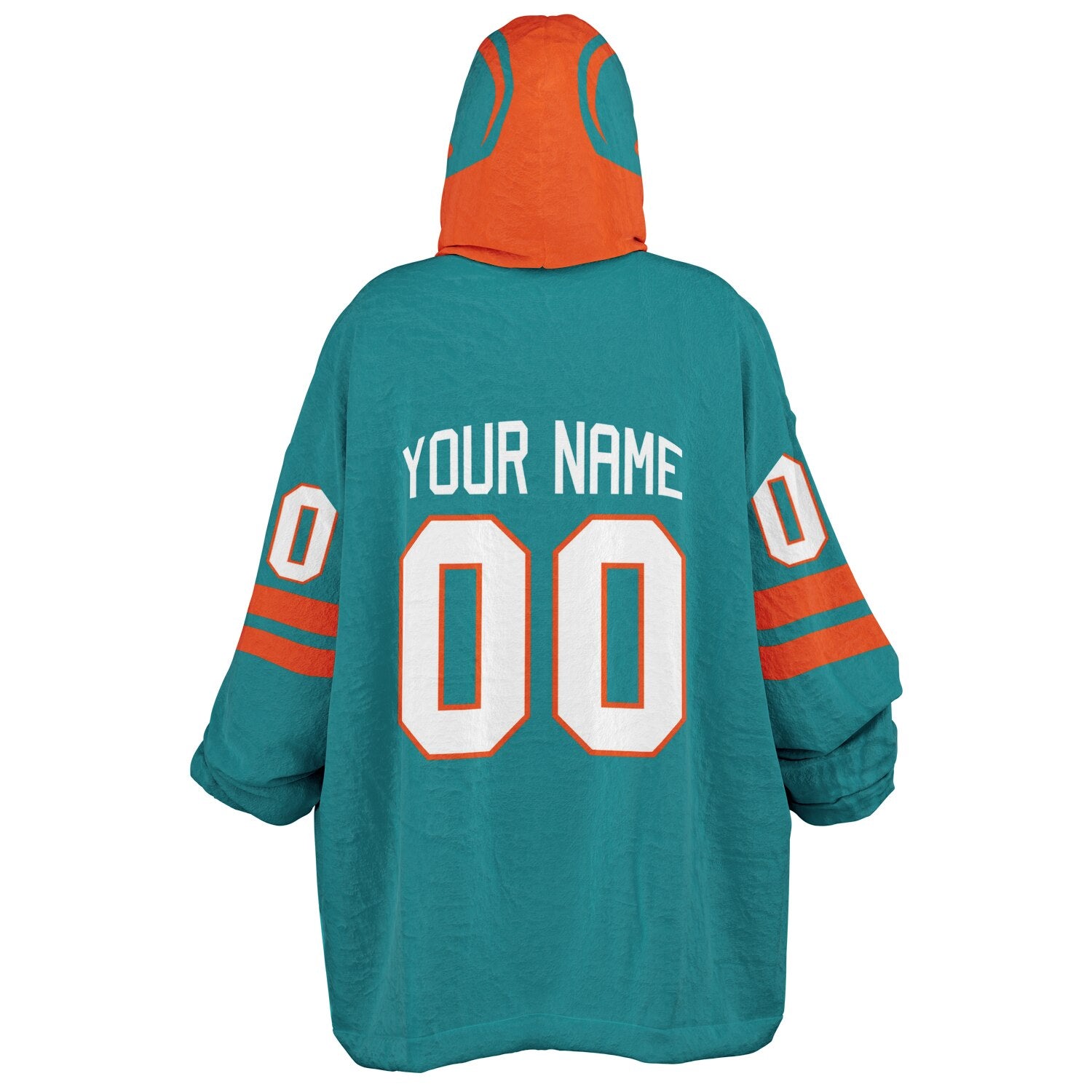 Aqua and orange classic snug hoodie featuring jersey-style stripes and personalized name and number.