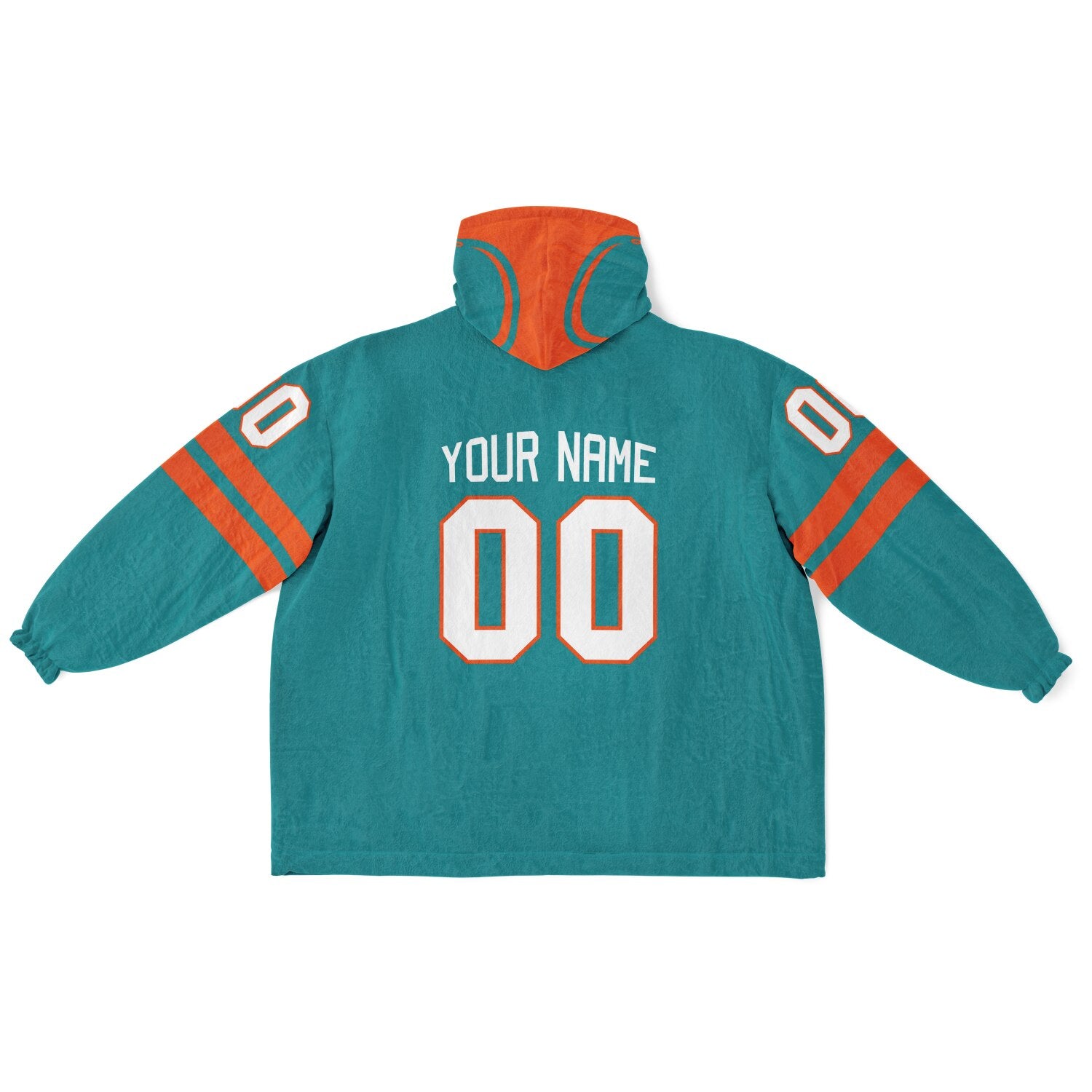 Aqua and orange classic snug hoodie featuring jersey-style stripes and personalized name and number.