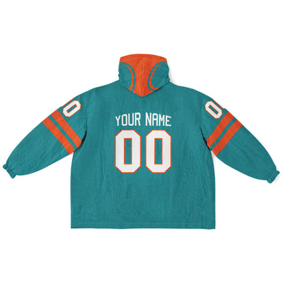 Aqua and orange classic snug hoodie featuring jersey-style stripes and personalized name and number.